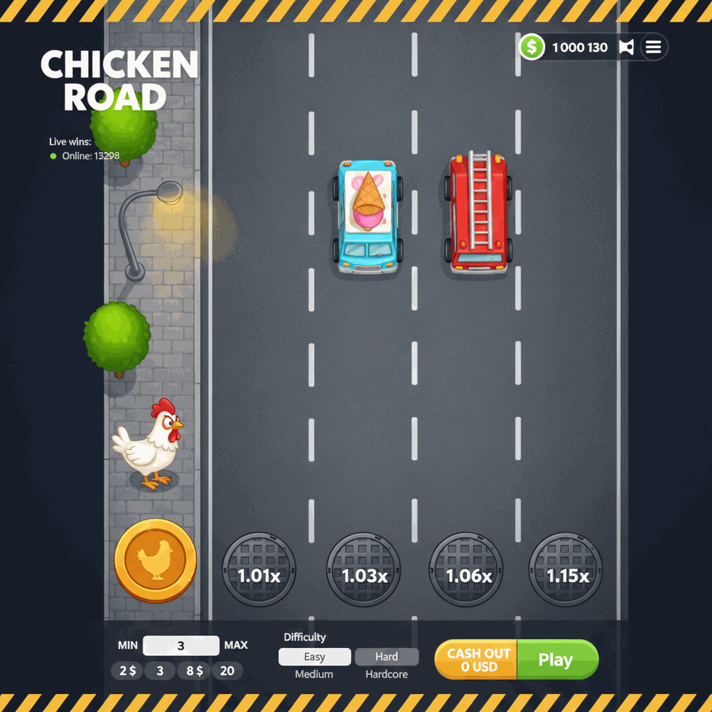 Chicken Road Crash-Spiel Hauptansicht: Ein weißes Cartoon-Huhn mit rotem Kamm steht am linken Straßenrand einer mehrspurigen grauen Asphaltstraße mit weißen Fahrbahnmarkierungen, bereit die Straße zu überqueren während Autos über die Spuren fahren, Multiplikatoren auf Kanaldeckeln in jeder Spur angezeigt, urbane Szenerie mit Bäumen und Straßenlaterne im Hintergrund