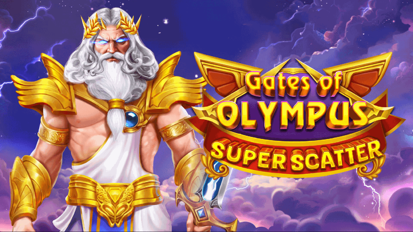 Gates of Olympus Super Scatter: Zeus auf goldenem Thron über den Wolken des Olymp, umgeben vom 6x5 Walzenfeld mit grünem Globus, blauem Diamant, lila Kristall-Dreieck und dem Super-Scatter-Symbol
